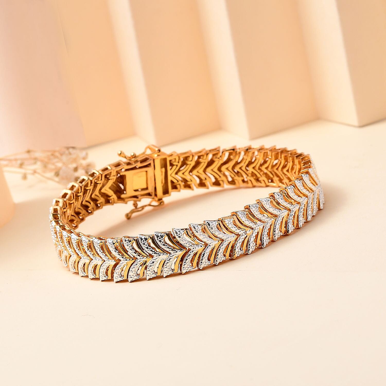 Chevron De Lis Natural White Diamond Yellow Gold & Silver Plating Bracelet (Size - 7.5) With GB Lock Box